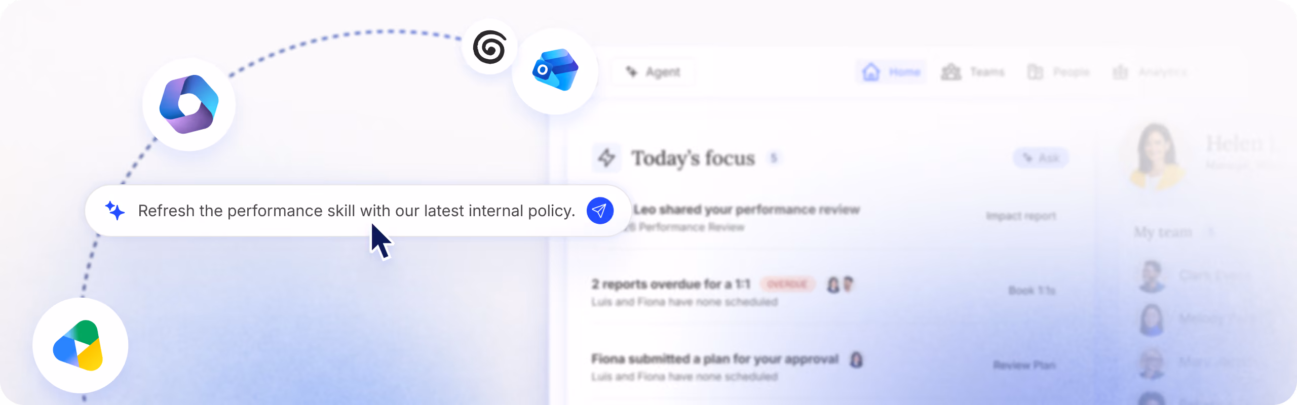 User interface with task notifications and icons linked by dotted lines, showing a message that says, 'Refresh the performance skill with our latest internal policy.'