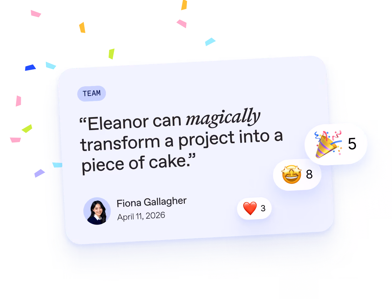 Digital praise message from Wade Warren to Eleanor Pena with praise badge and reaction emojis.