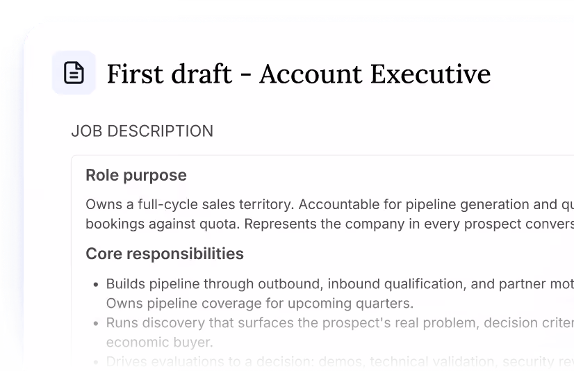Job description titled 'First draft - Account Executive' outlining role purpose and core responsibilities including sales territory ownership, pipeline generation, and discovery of prospect needs.