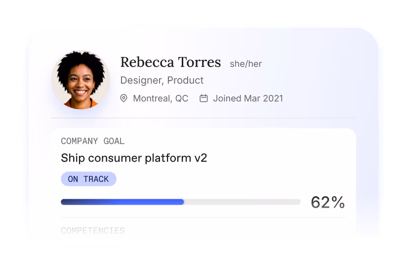 Profile card showing a smiling woman named Rebecca Torres, she/her, Designer, Product, located in Montreal, QC, joined March 2021. Her company goal is to ship consumer platform v2, marked as on track with 62% progress.