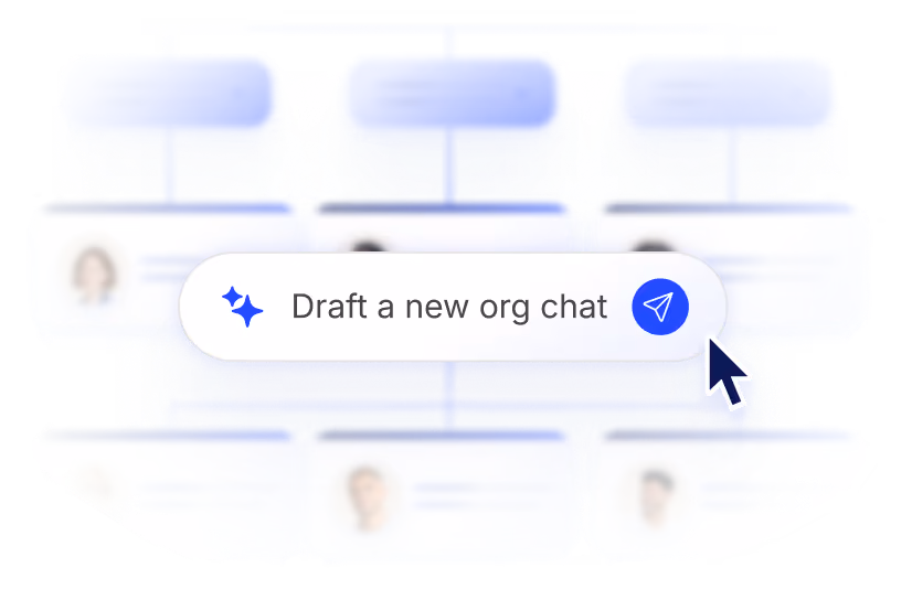 User interface showing a blurred organizational chart with a prominent button labeled 'Draft a new org chat' featuring a sparkle icon and a paper plane send icon, highlighted with a cursor pointer on the button.