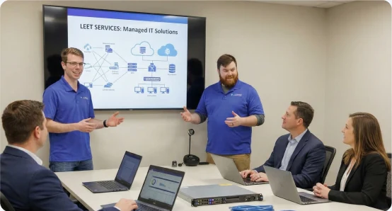Leet Services team presenting a managed IT plan to a client