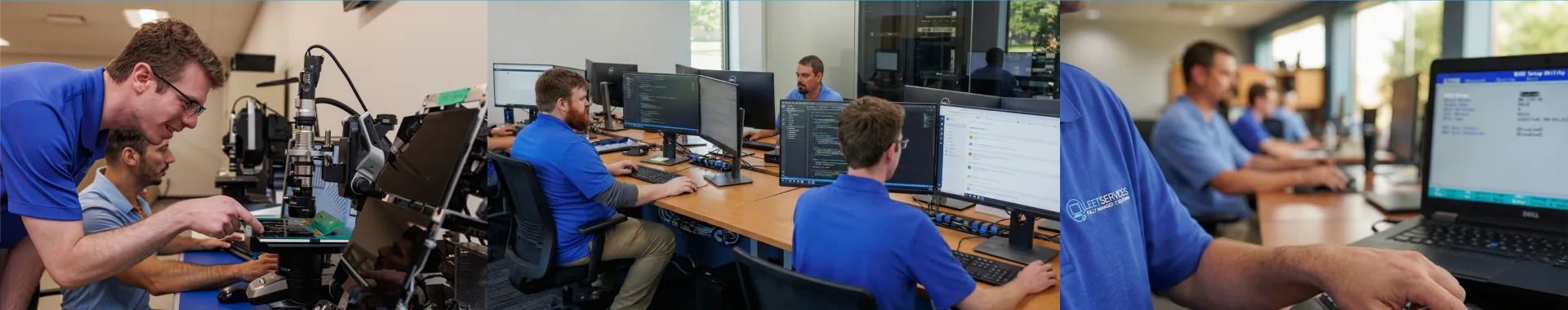 Leet Services technicians at work in the office and lab
