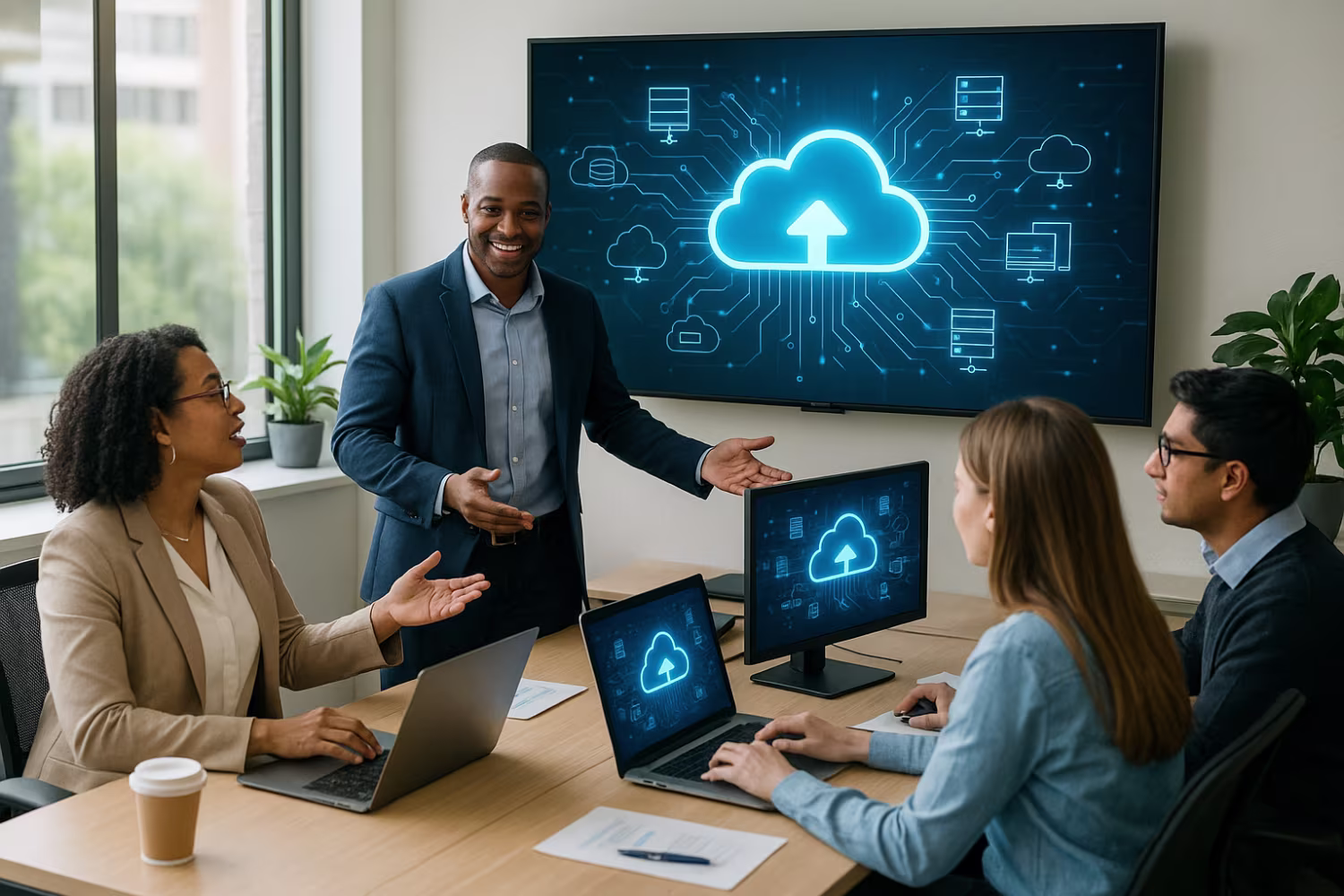 Diverse professionals using cloud computing technology