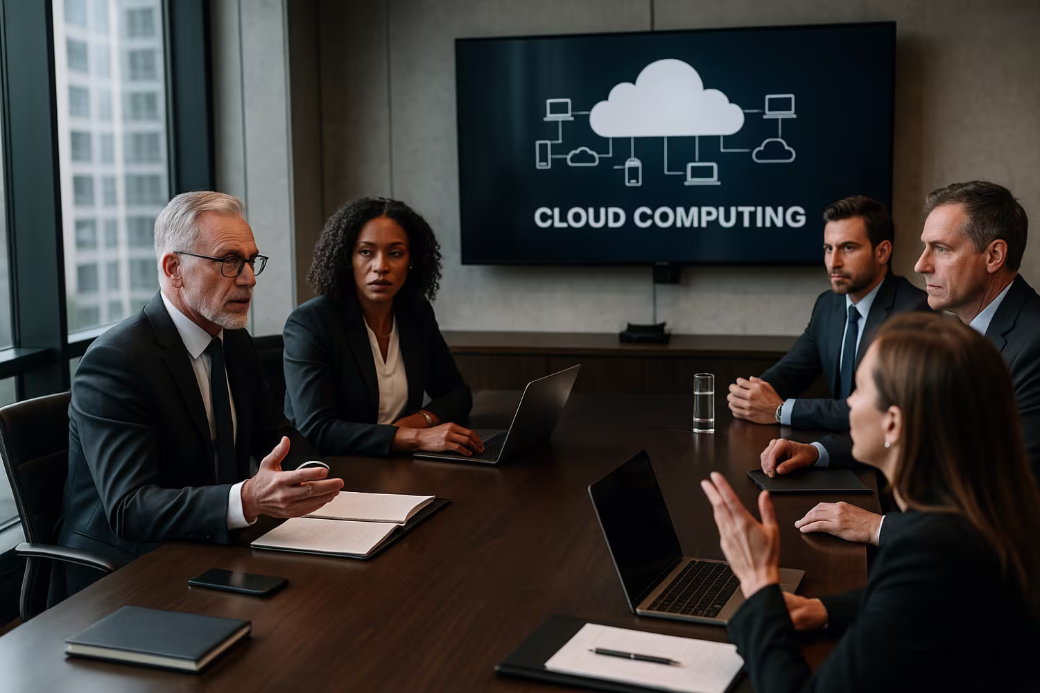 Professionals discussing cloud computing services