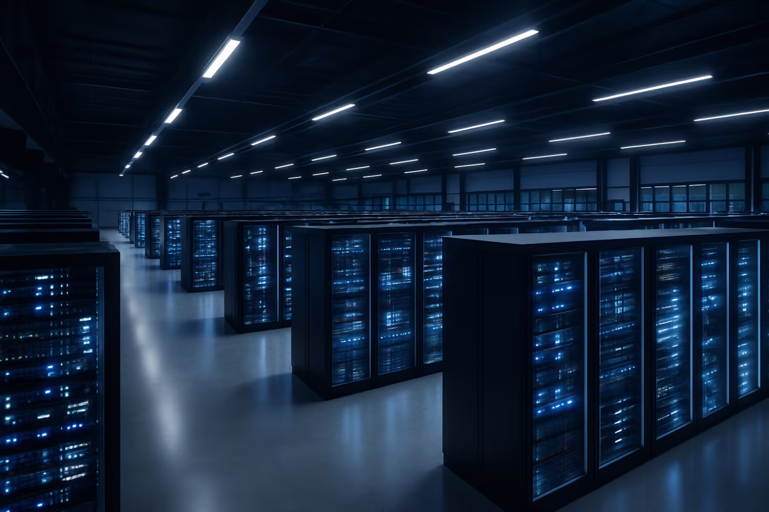 Blue-lit expansive modern data center