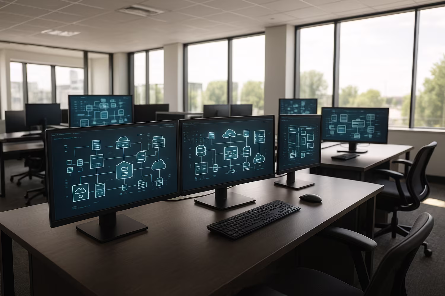 Virtualization technology displayed on office monitors