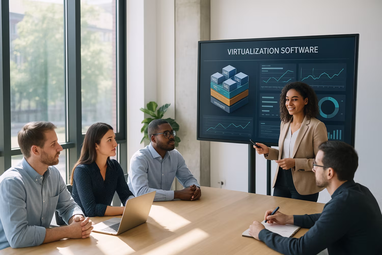 Employees discussing virtualization technology screen