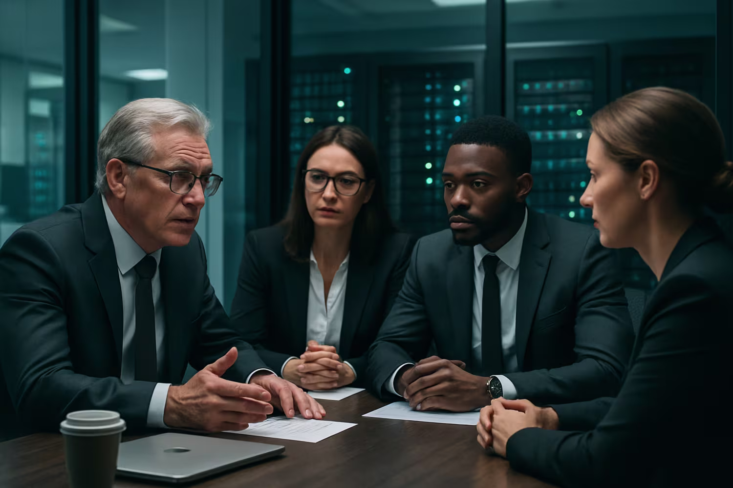 Businesspeople discussing cybersecurity best practices