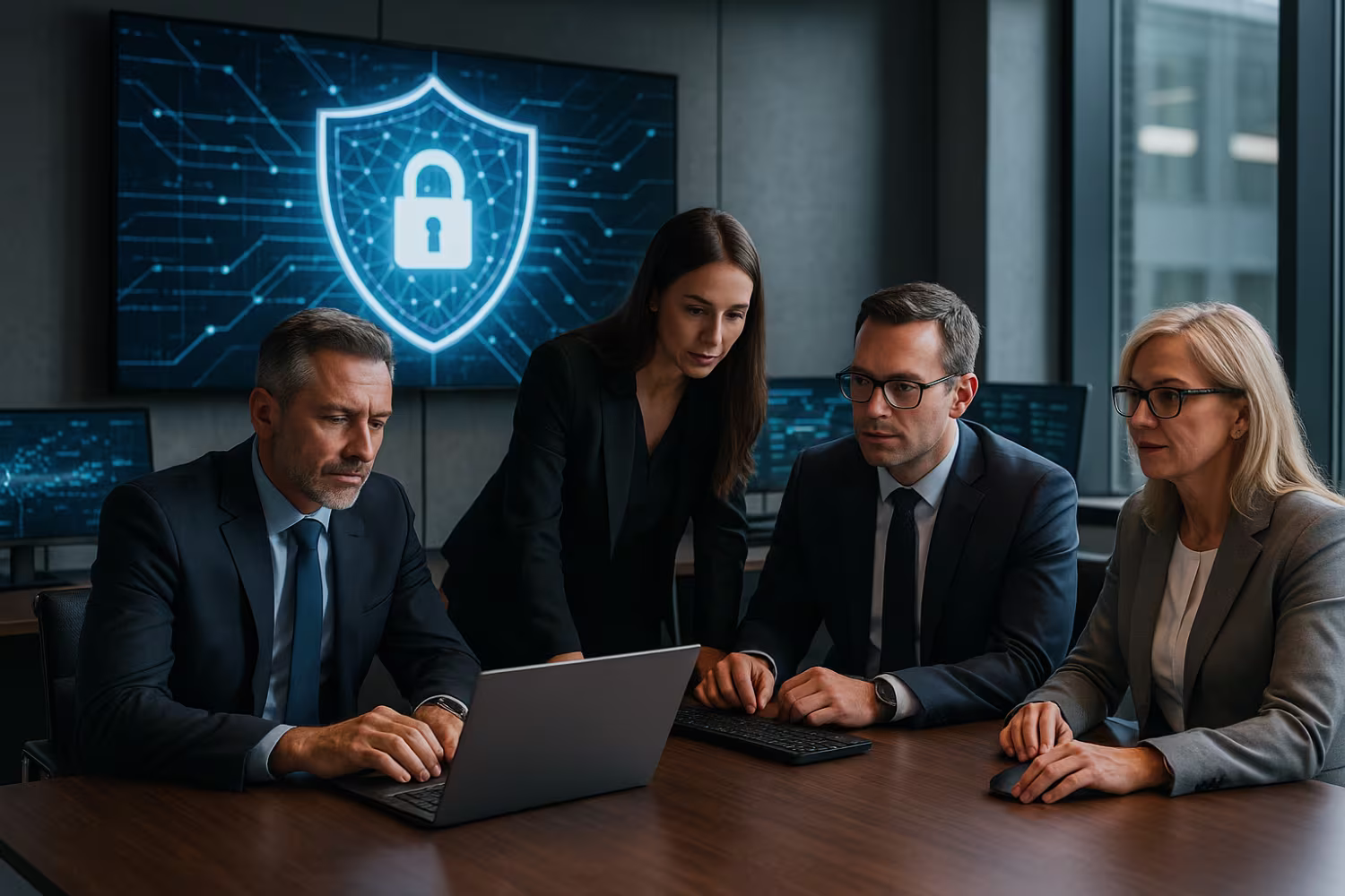 Professionals discussing cybersecurity best practices