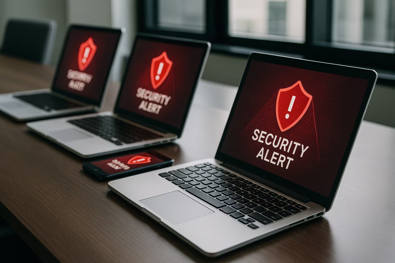 Laptops and smartphones displaying cybersecurity alerts