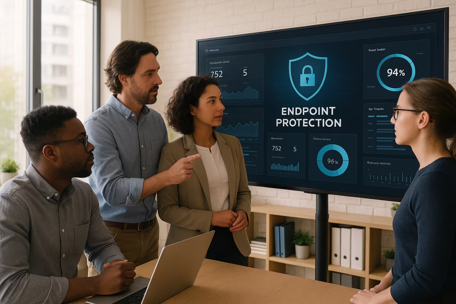 Diverse team examining endpoint security dashboard