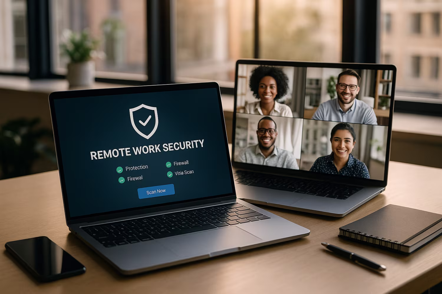 Laptop displaying remote work security software