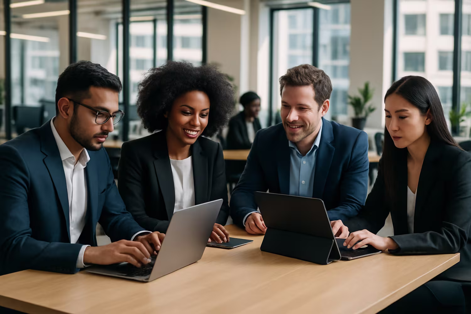 Diverse professionals using artificial intelligence tools in vibrant modern office