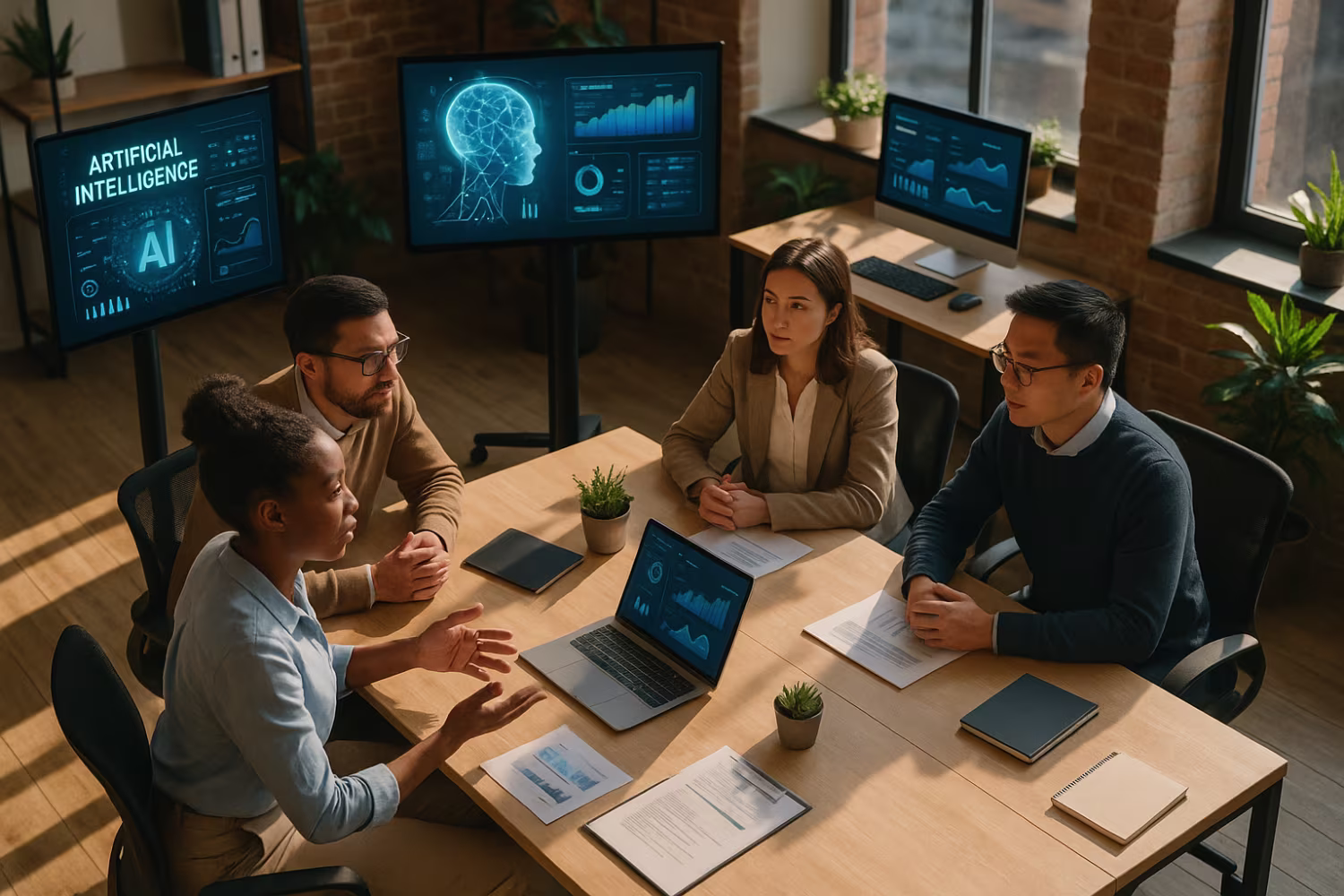 Diverse team discussing artificial intelligence tools
