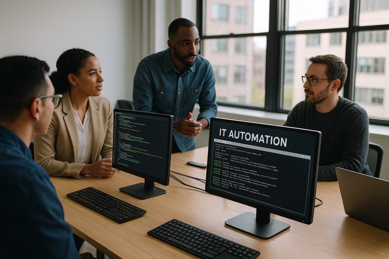 Diverse team utilizing IT automation benefits