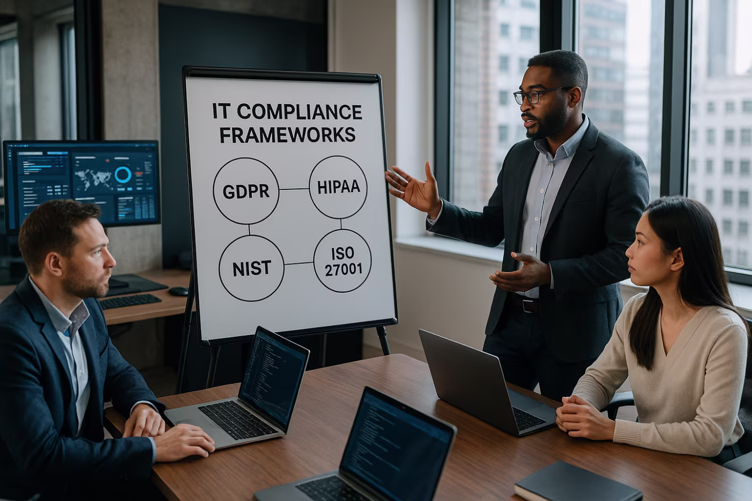 Diverse team discussing IT compliance frameworks