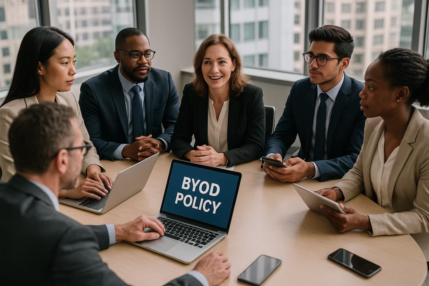 Team discussing BYOD policy in office