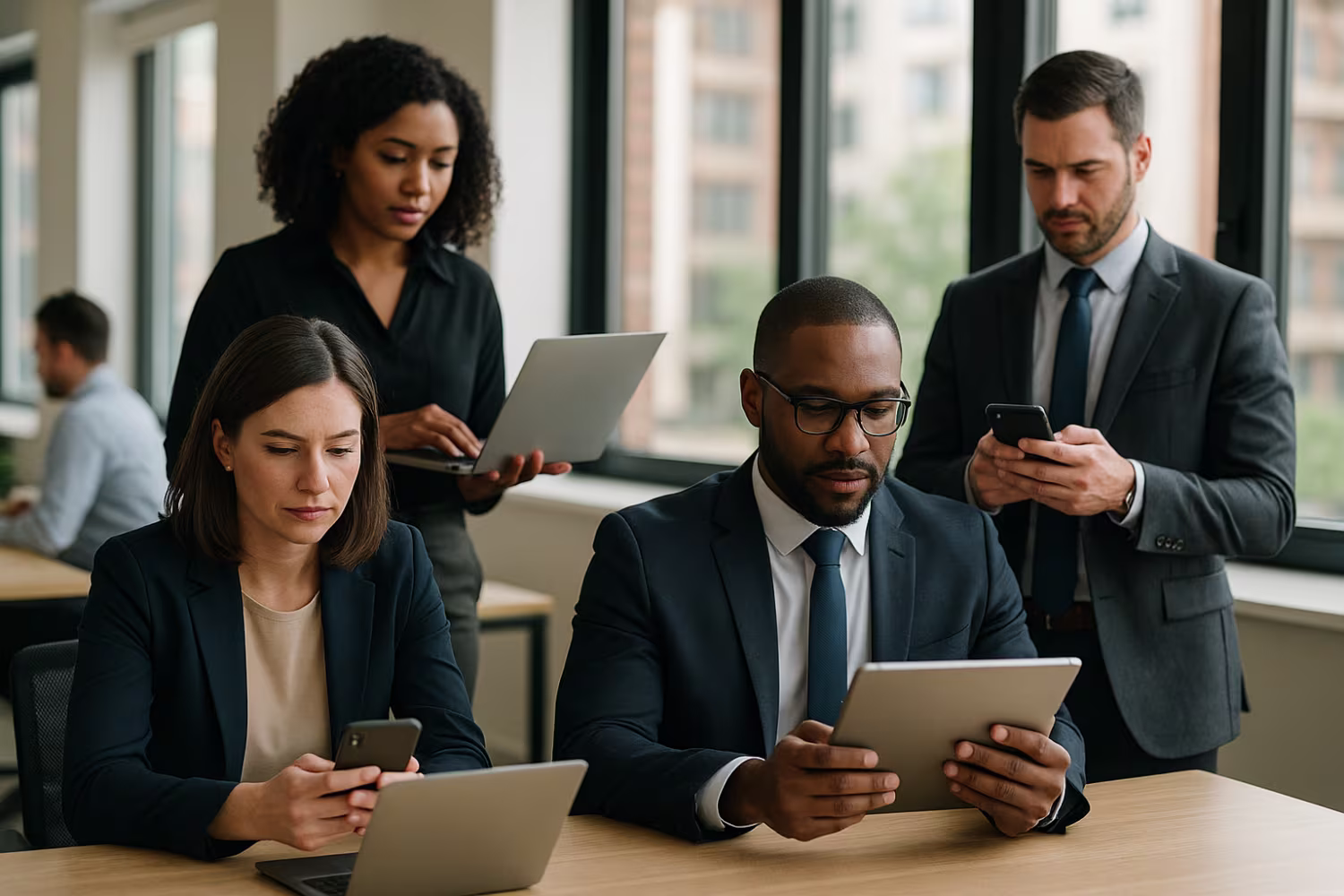 Diverse employees implementing BYOD policy