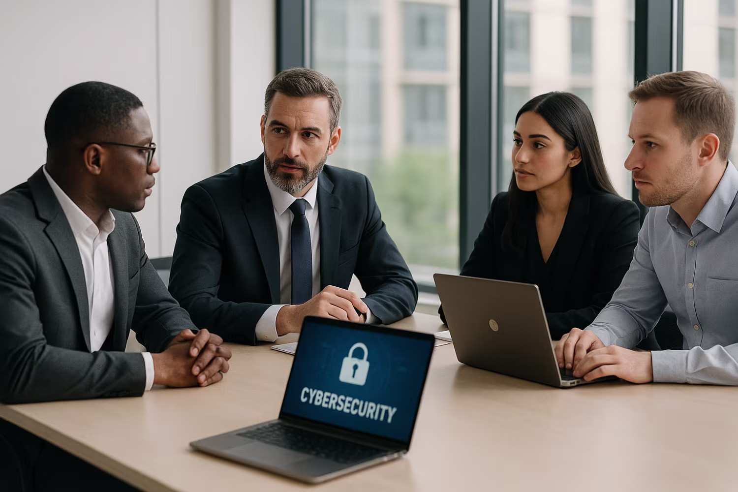 Focused cybersecurity team strategizing midday