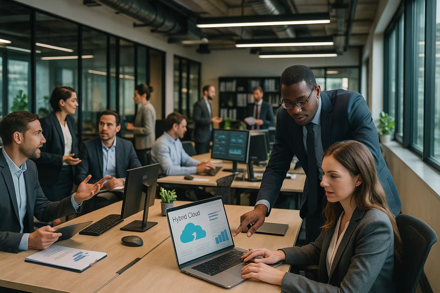 Professionals collaborating on hybrid cloud strategy