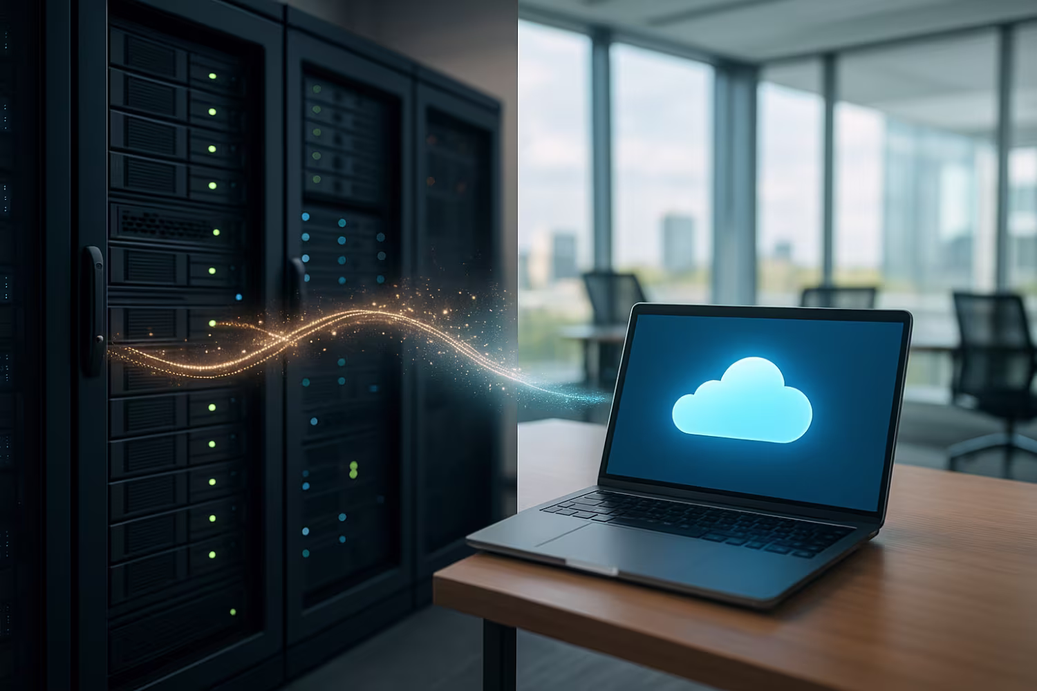 On-premise server room versus cloud-computing laptop