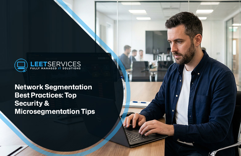 IT professional working on laptop in modern office with Leet Services network segmentation and cybersecurity tips overlay