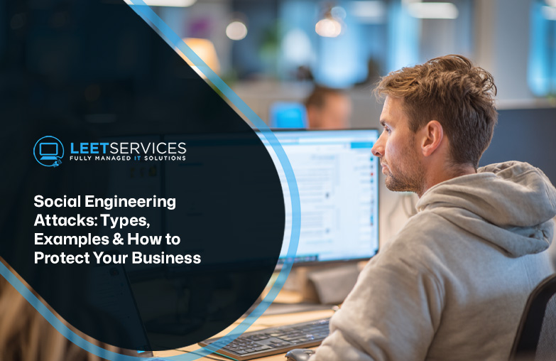 IT professional reviewing cybersecurity data on desktop monitor, social engineering attacks guide by Leet Services MSP Roc...