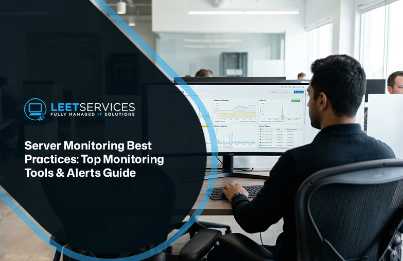 IT professional monitoring server dashboards and network alerts on dual monitors at a managed services operations desk