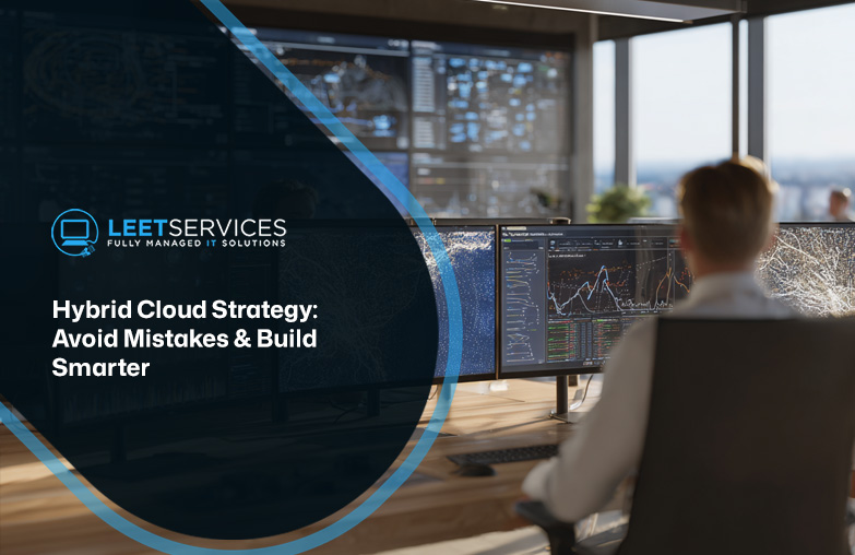 IT professional monitoring multiple screens displaying network data and analytics, with Leet Services hybrid cloud strateg...