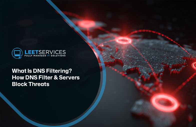 Leet Services blog header showing DNS filtering and cybersecurity threat blocking over a glowing network map