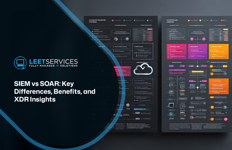 Leet Services infographic comparing SIEM vs SOAR cybersecurity solutions with XDR insights for managed IT services