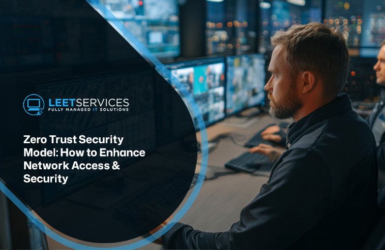 IT security professionals monitoring multiple screens in a network operations center with Zero Trust Security Model text o...