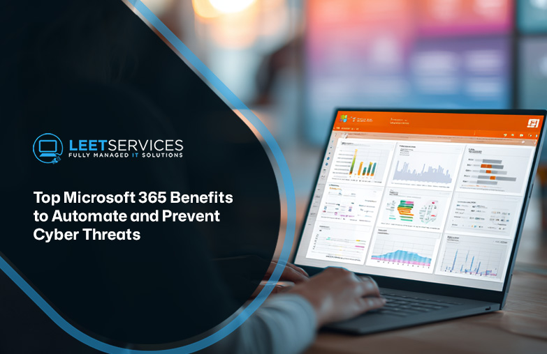 Leet Services blog header showing Microsoft 365 cybersecurity dashboard on laptop with charts and threat analytics data