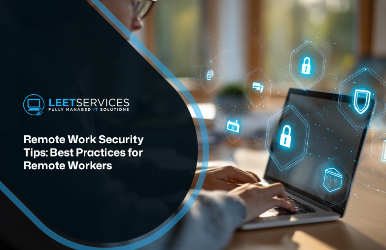 Remote worker typing on laptop surrounded by floating cybersecurity icons including locks and shields for IT security