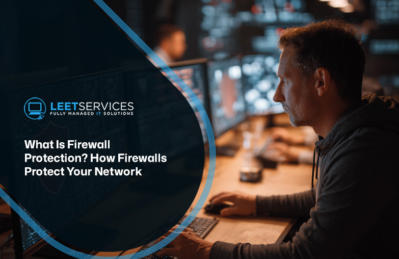 IT professional monitoring multiple screens at a network security workstation with Leet Services firewall protection overlay