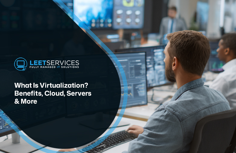 IT professional monitoring multiple screens in a network operations center with Leet Services managed IT solutions brandin...