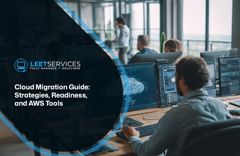 Leet Services cloud migration guide cover showing IT professionals monitoring multiple screens in a modern operations center