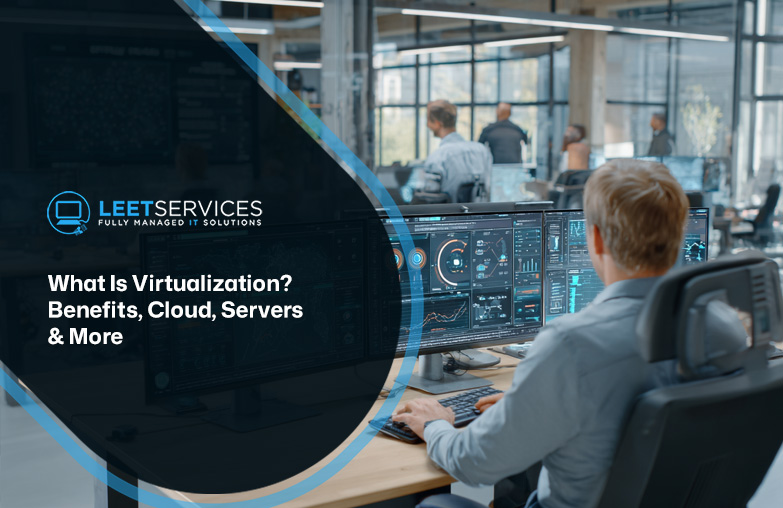 IT professional monitoring multiple dashboard screens with virtualization data in modern office environment