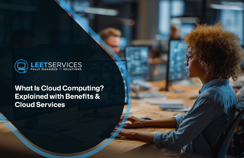 Leet Services blog header showing IT professional working at multi-monitor workstation in modern office