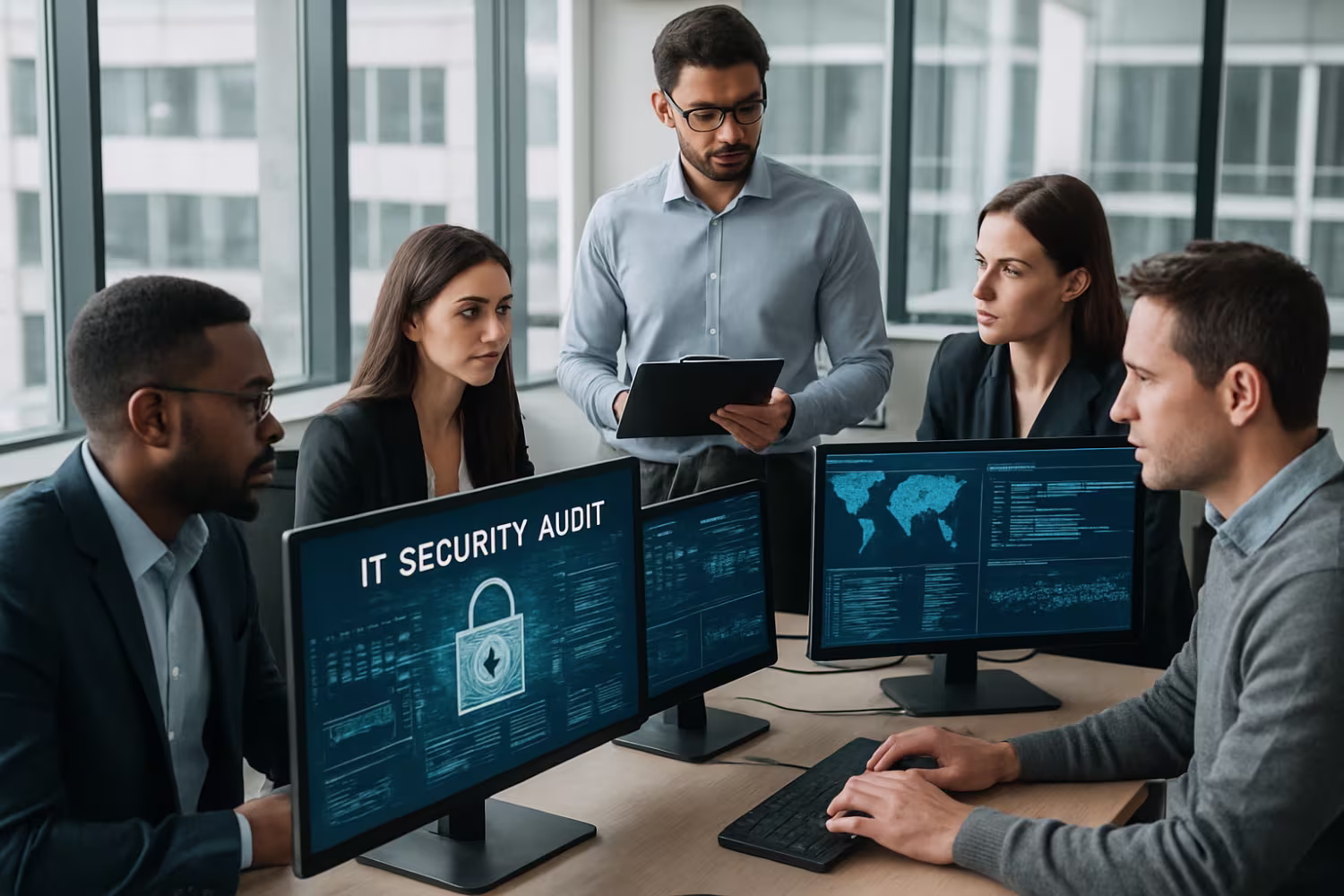 Diverse professionals conducting IT security audit