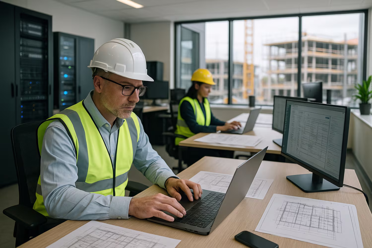 Modern construction site office with IT support