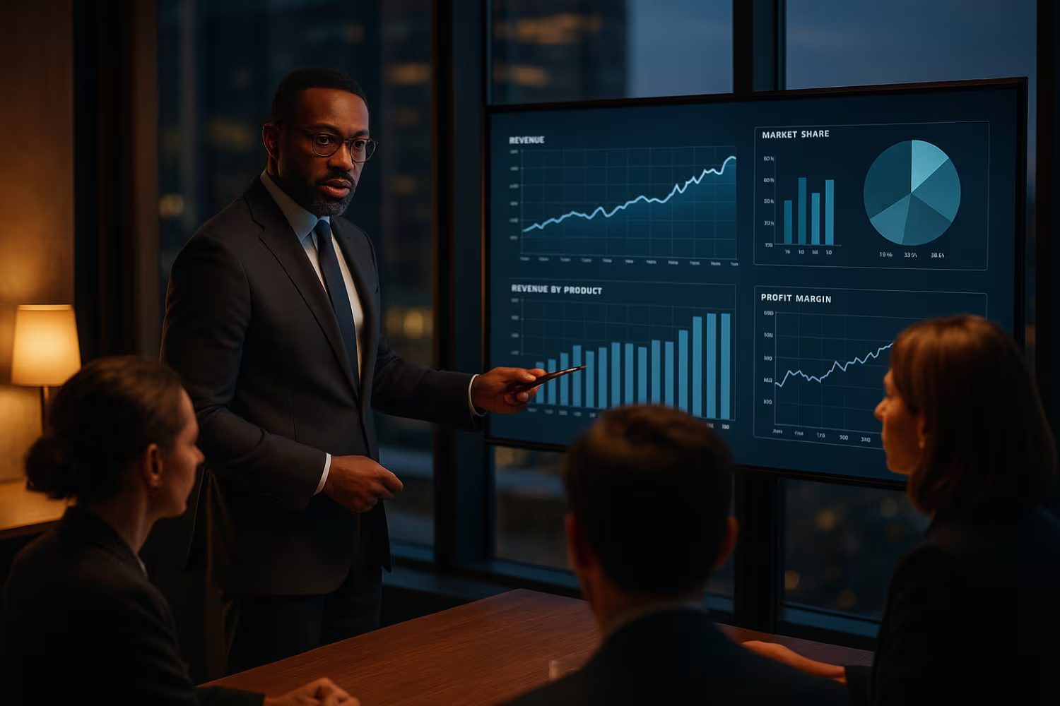 Financial consultant presenting analytics, IT finance industry