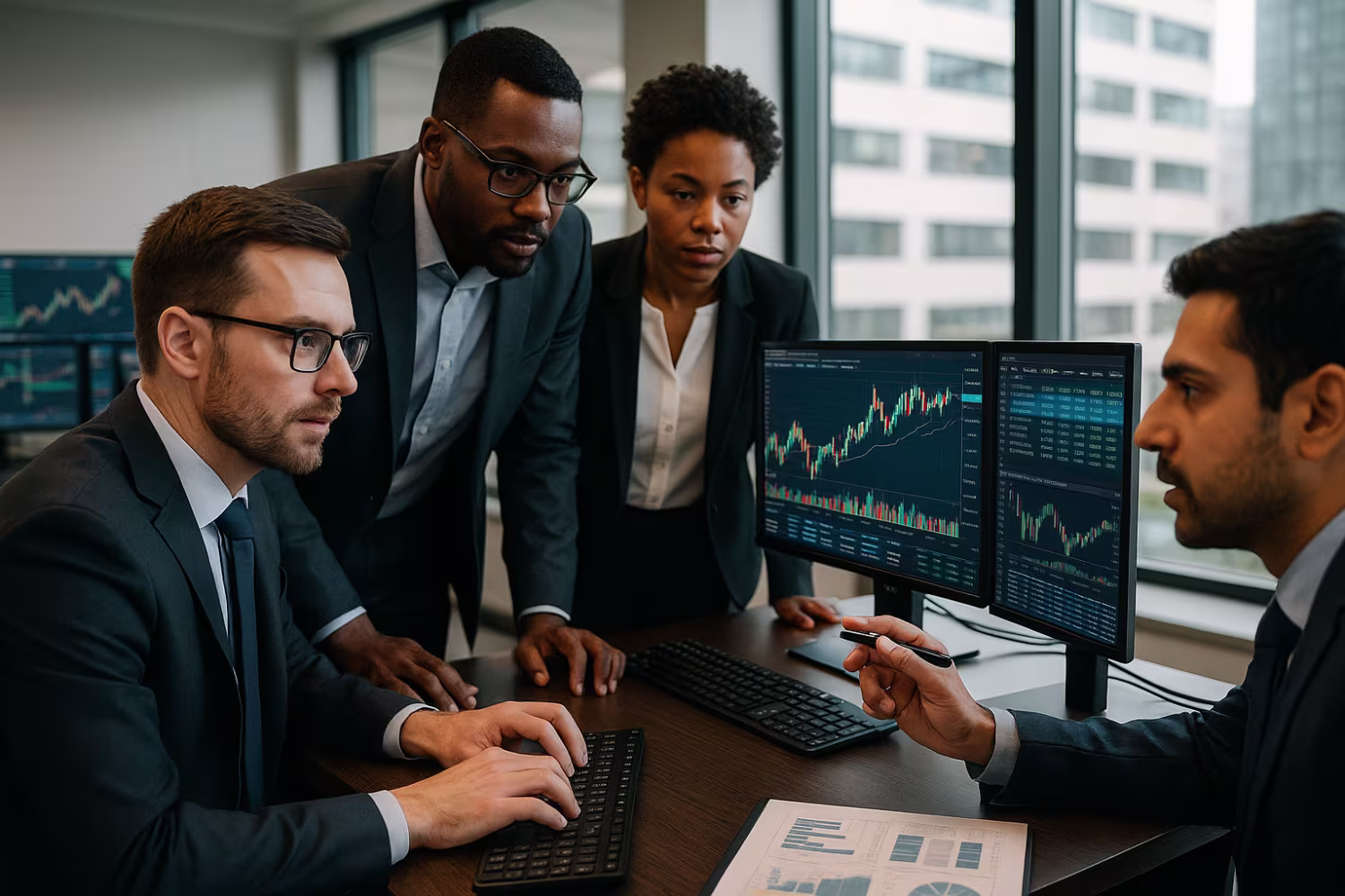 Financial services IT consulting team analyzing data