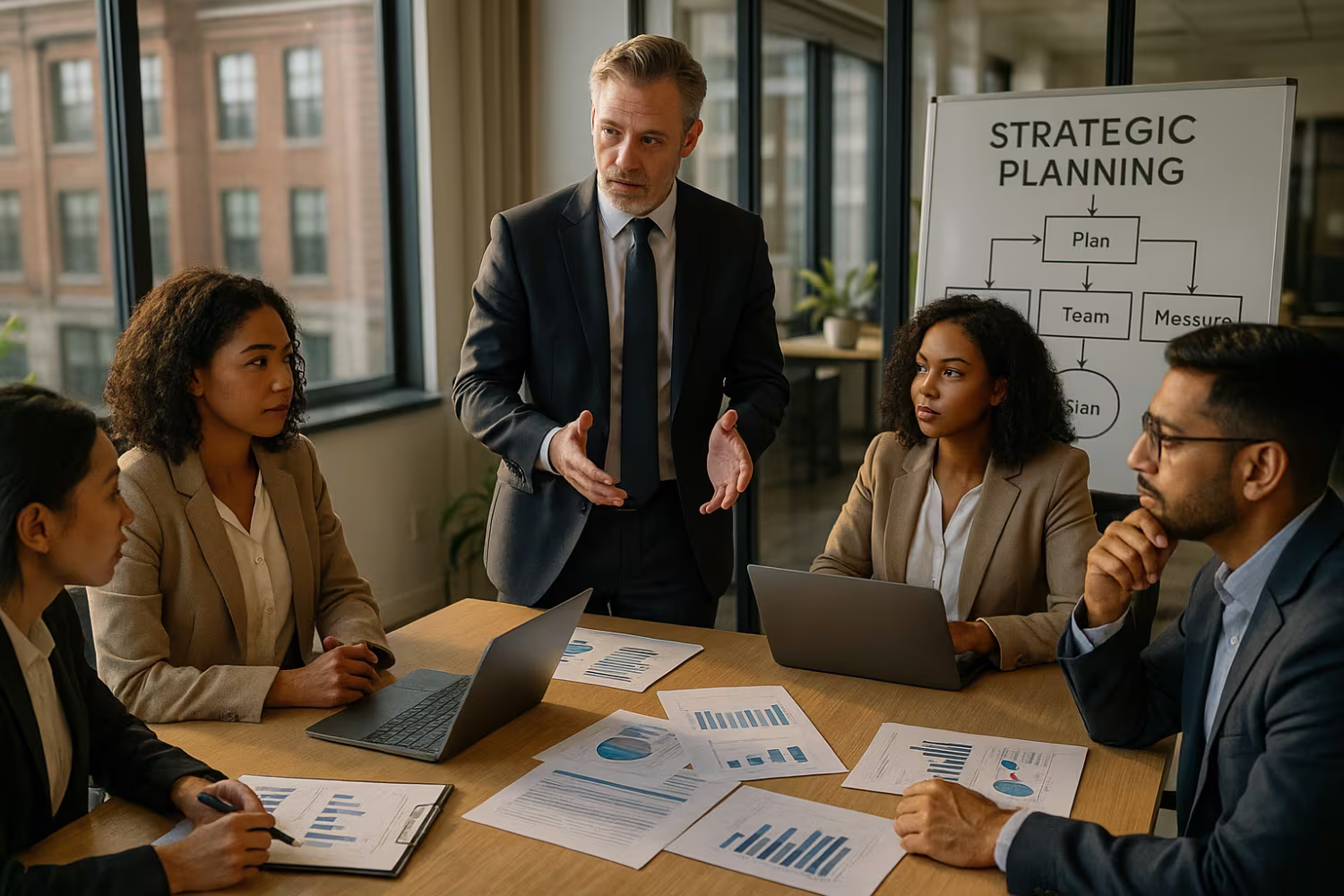 Diverse team discussing IT in finance industry