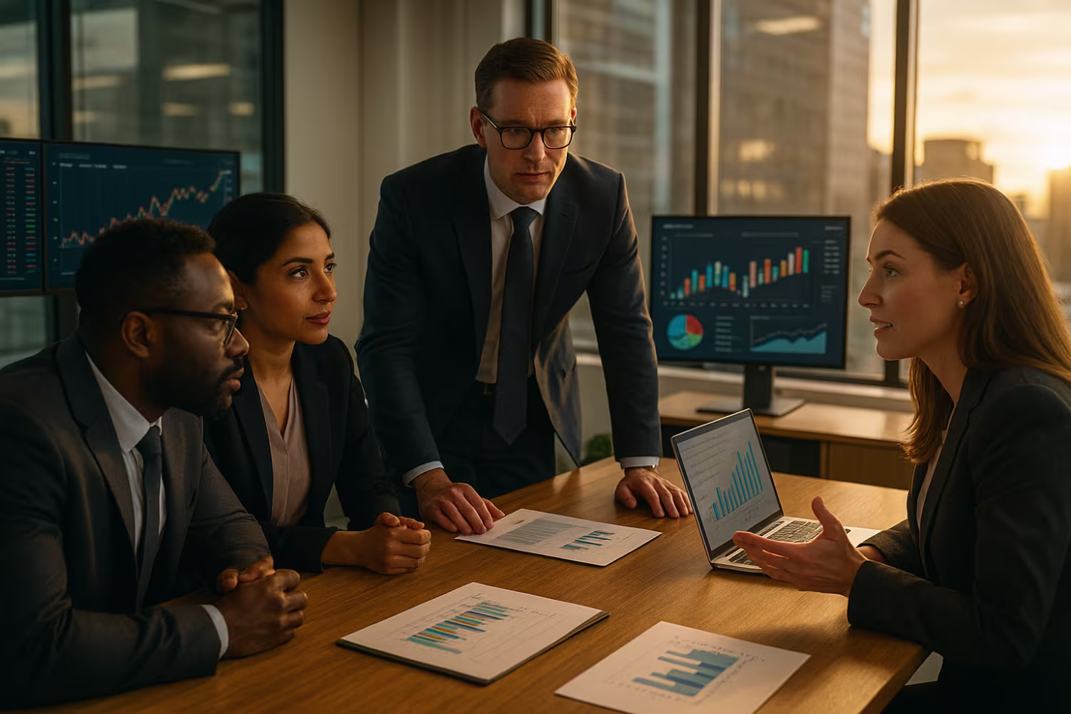 Diverse IT finance team analyzing charts