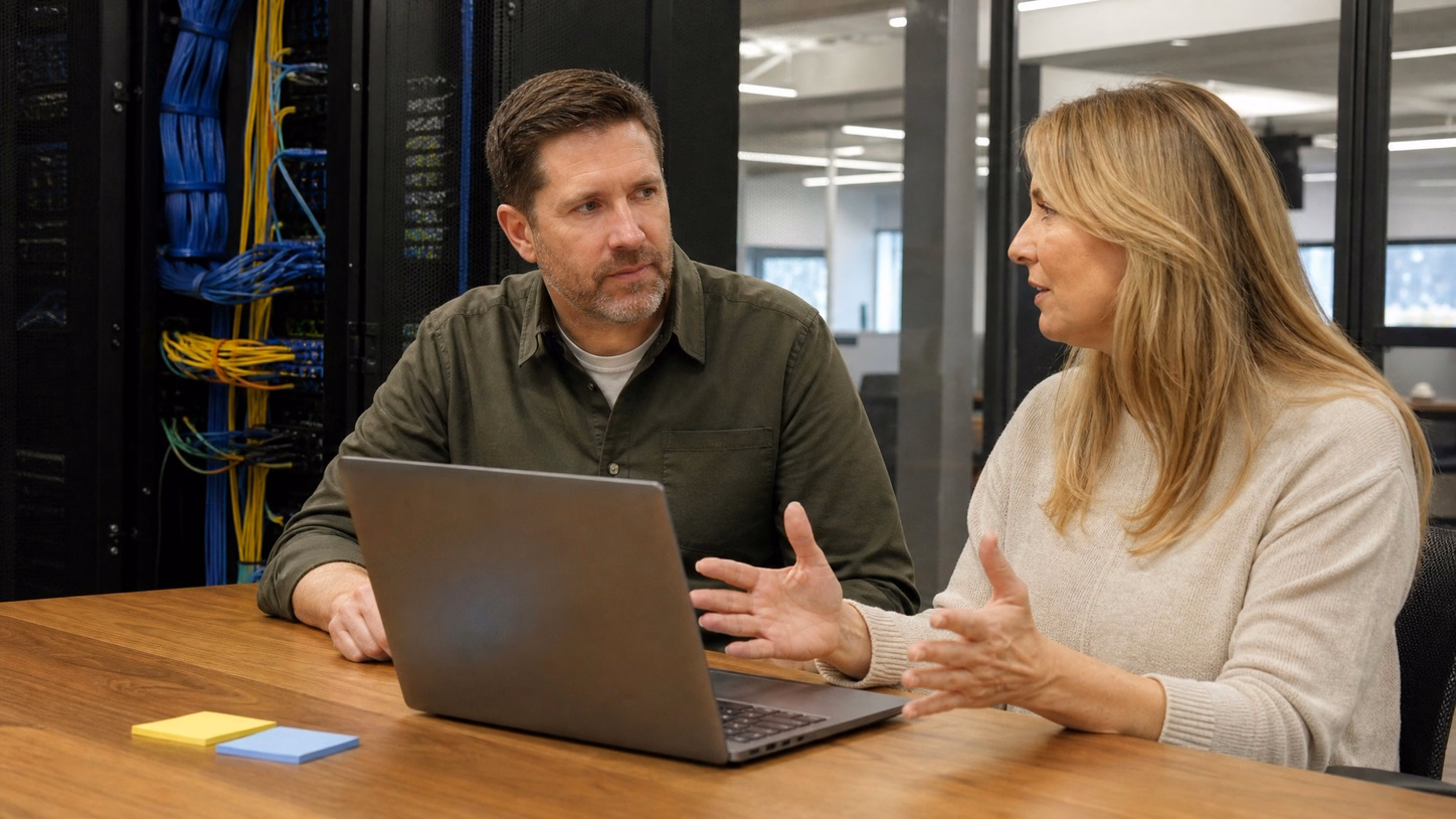 Two Caucasian colleagues, a man and a woman in their 40s, in business