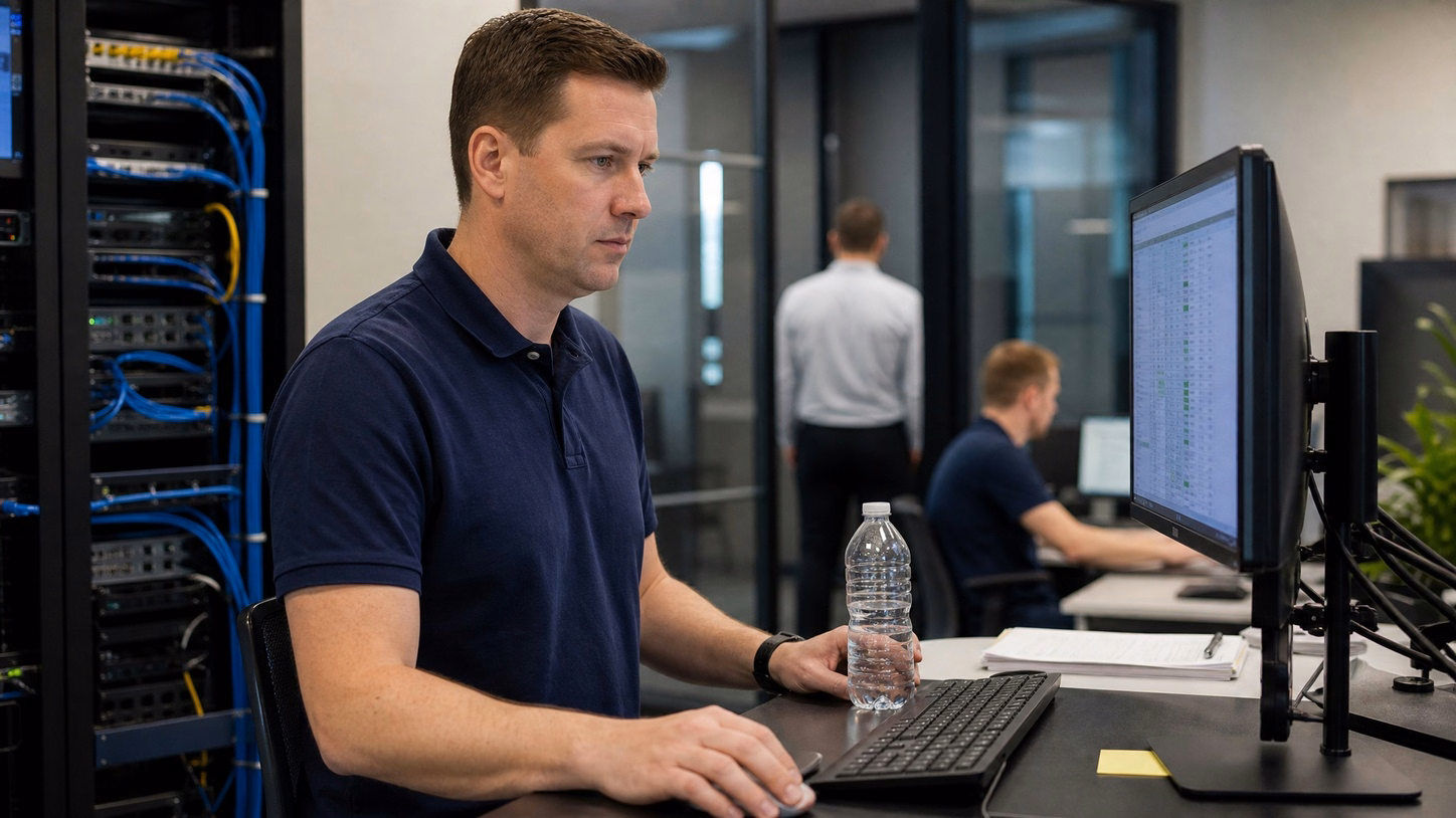 A Caucasian man, in his late 30s, wearing a plain navy polo shirt, sits at