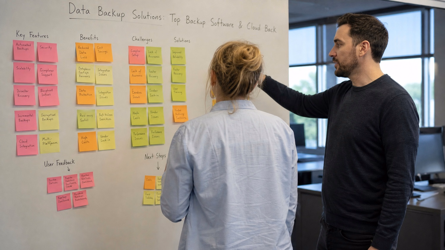 STICKY NOTE WALL An IT professional two people standing at a wall covered wi