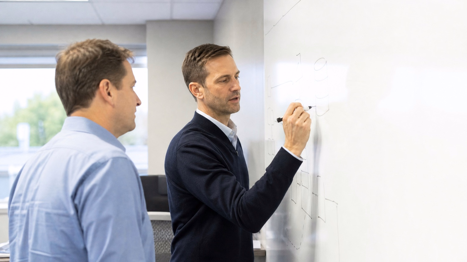 WHITEBOARD SESSION An IT professional one or two people standing at a whiteb